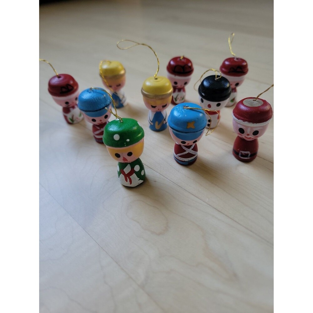 Vintage Wooden Handpainted Christmas Ornaments Lot Of 10
